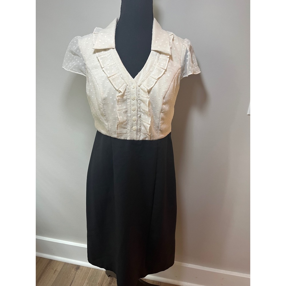 Sangria Cream Swiss Dot Ruffle V-Neck Black Sheath Dress Size 8 Vintage Inspired